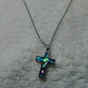 Vintage Blue Stained Glass Cross in Sterling Silver
